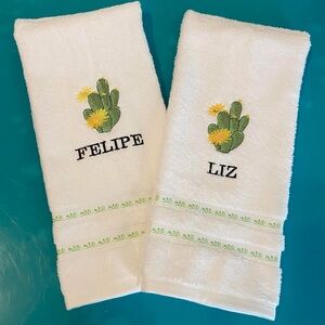 Personalized White Hand Towels with Green Cactus Embroidery set.